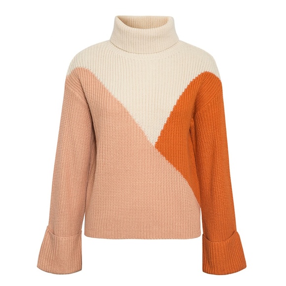 Colorblock Trutleneck Sweater Orange Beige - Picture 10 of 16